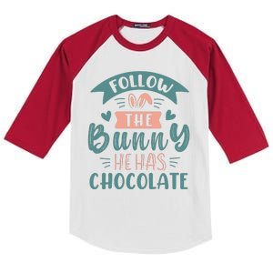 Follow The Bunny He Has Chocolate Funny Easter Kids Colorblock Raglan Jersey