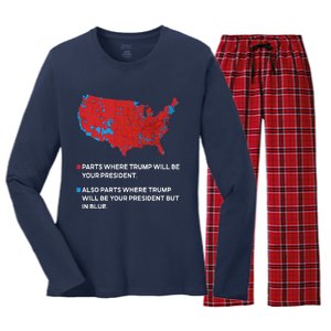 Funny Trump Better Coverage Red And Blue County Votes Us Map Women's Long Sleeve Flannel Pajama Set 