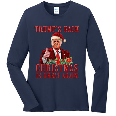 Funny Trump Back Santa Claus Make Christmas Great Again 2024 Ladies Long Sleeve Shirt