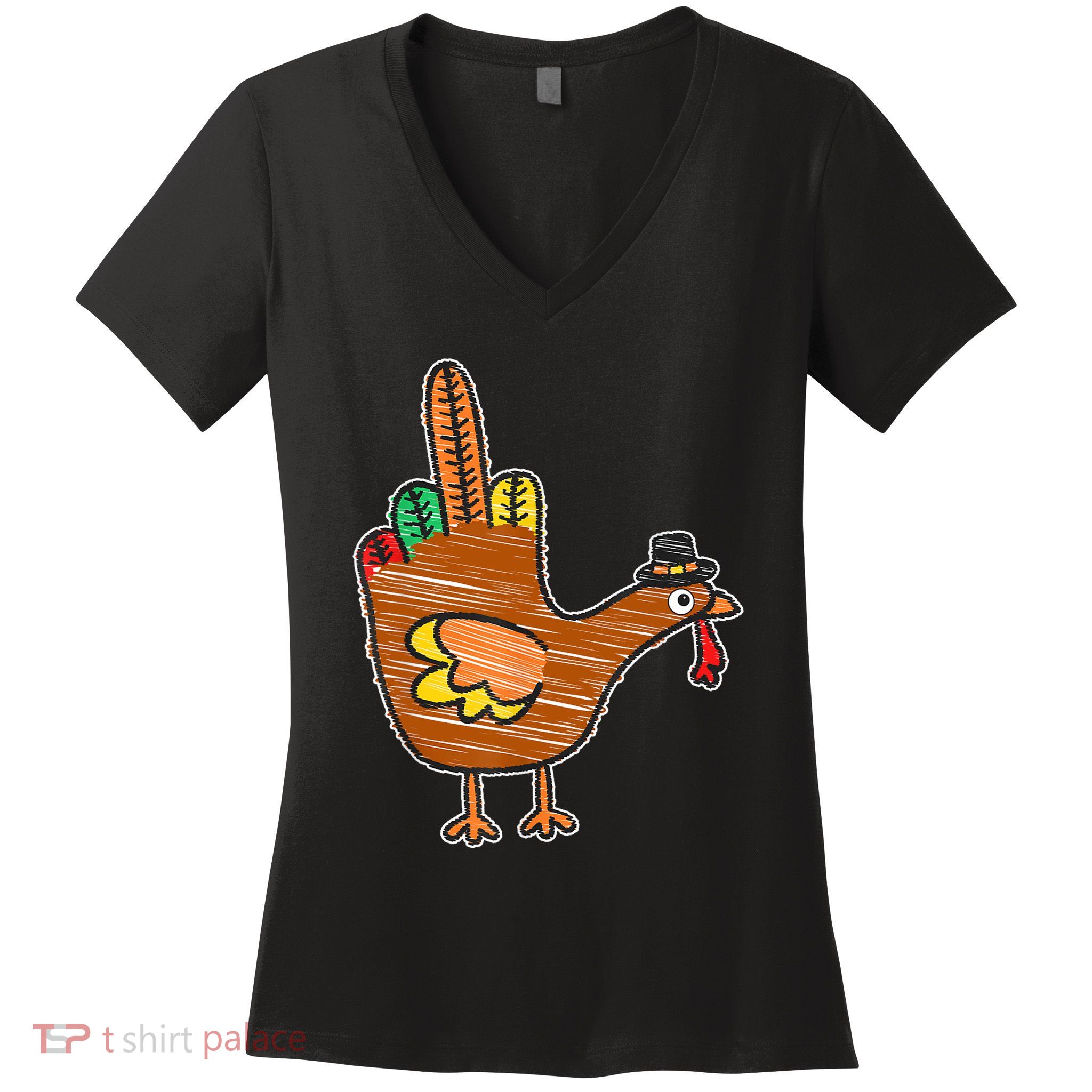 Flipping The Bird Thanksgiving Turkey Funny Drawing Women's V-Neck T-Shirt