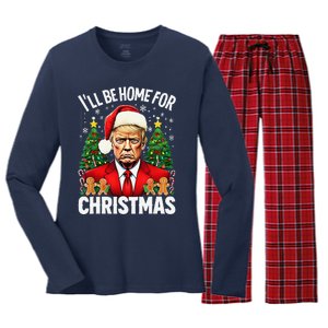 Funny Trump Christmas Santa Hat ILl Be Home For Christmas Women's Long Sleeve Flannel Pajama Set 