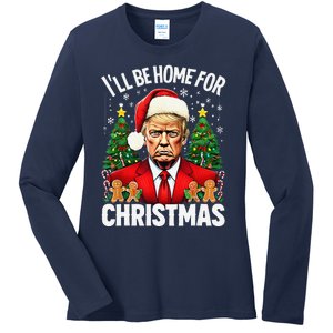 Funny Trump Christmas Santa Hat ILl Be Home For Christmas Ladies Long Sleeve Shirt