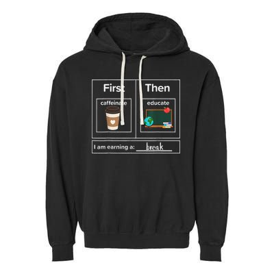 First Then Caffeinate Educate I Am Earning A Break Teacher Garment-Dyed Fleece Hoodie