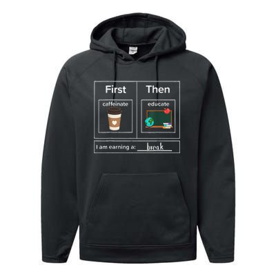 First Then Caffeinate Educate I Am Earning A Break Teacher Performance Fleece Hoodie