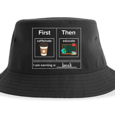 First Then Caffeinate Educate I Am Earning A Break Teacher Sustainable Bucket Hat