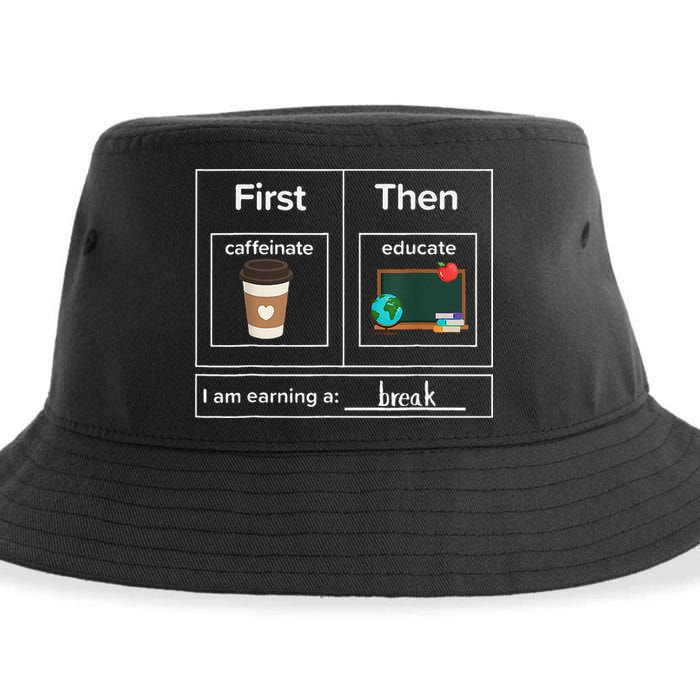 First Then Caffeinate Educate I Am Earning A Break Teacher Sustainable Bucket Hat