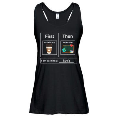 First Then Caffeinate Educate I Am Earning A Break Teacher Ladies Essential Flowy Tank