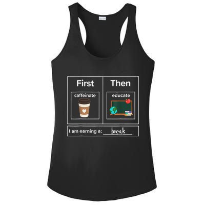 First Then Caffeinate Educate I Am Earning A Break Teacher Ladies PosiCharge Competitor Racerback Tank