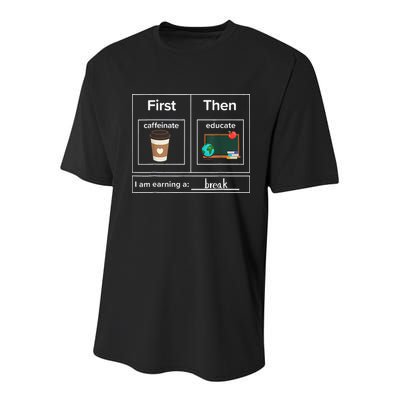 First Then Caffeinate Educate I Am Earning A Break Teacher Youth Performance Sprint T-Shirt