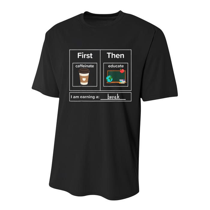 First Then Caffeinate Educate I Am Earning A Break Teacher Youth Performance Sprint T-Shirt