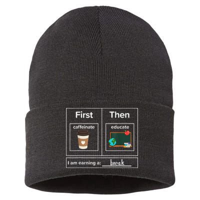 First Then Caffeinate Educate I Am Earning A Break Teacher Sustainable Knit Beanie