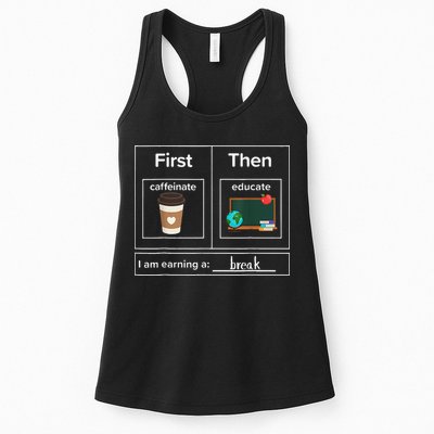 First Then Caffeinate Educate I Am Earning A Break Teacher Womens Tank Top