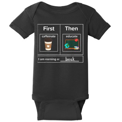 First Then Caffeinate Educate I Am Earning A Break Teacher Baby Bodysuit