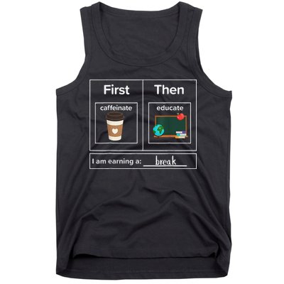 First Then Caffeinate Educate I Am Earning A Break Teacher Tank Top