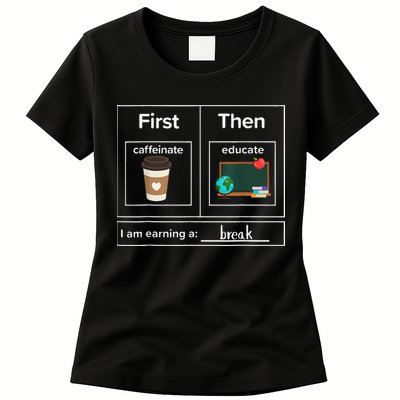 First Then Caffeinate Educate I Am Earning A Break Teacher Womens T-Shirt