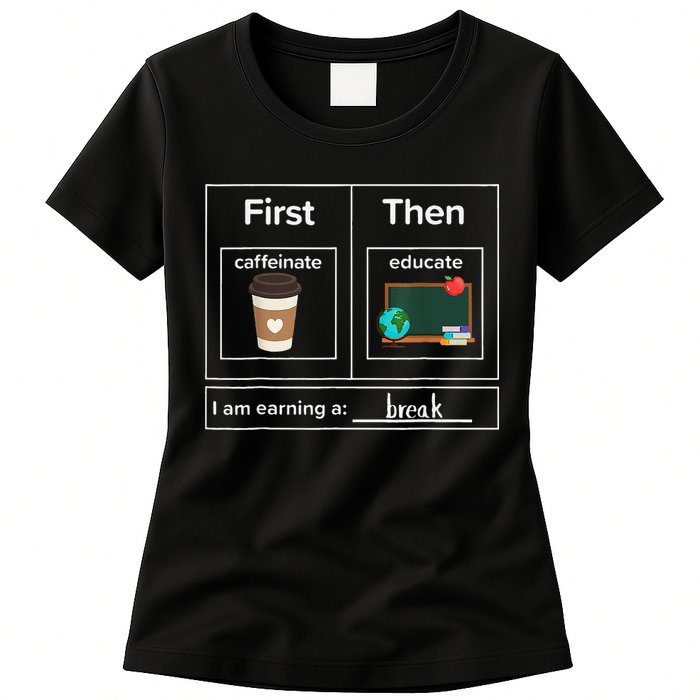 First Then Caffeinate Educate I Am Earning A Break Teacher Womens T-Shirt