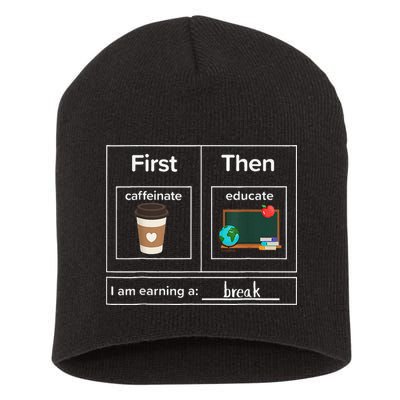 First Then Caffeinate Educate I Am Earning A Break Teacher Short Acrylic Beanie