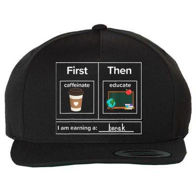 First Then Caffeinate Educate I Am Earning A Break Teacher Wool Snapback Cap