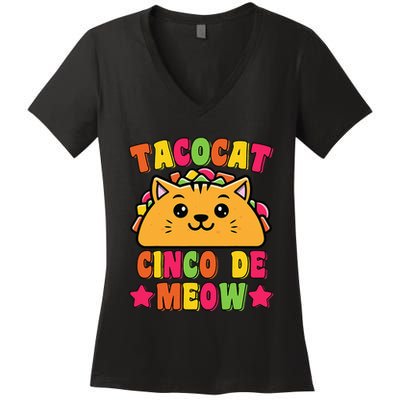 Funny Taco Cat Pun Tacocat Cute Taco Lover Cinco De Meow Women's V-Neck T-Shirt