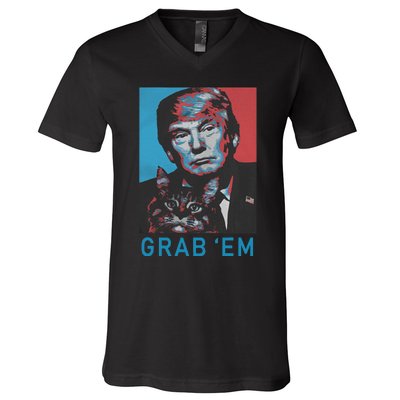 Funny Trump Cat Grab Em Vintage Retro Trump Gift V-Neck T-Shirt