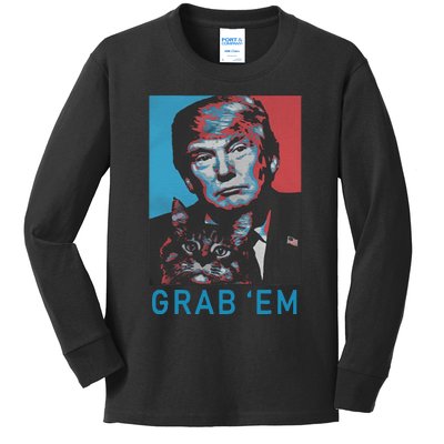 Funny Trump Cat Grab Em Vintage Retro Trump Gift Kids Long Sleeve Shirt