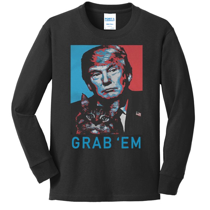 Funny Trump Cat Grab Em Vintage Retro Trump Gift Kids Long Sleeve Shirt