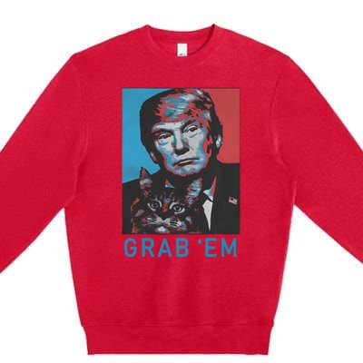 Funny Trump Cat Grab Em Vintage Retro Trump Gift Premium Crewneck Sweatshirt