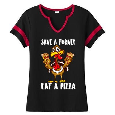 Funny Thanksgiving Costume Save A Turkey Eat A Pizza Ladies Halftime Notch Neck Tee