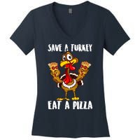 Funny Thanksgiving Costume Save A Turkey Eat A Pizza Women's V-Neck T-Shirt