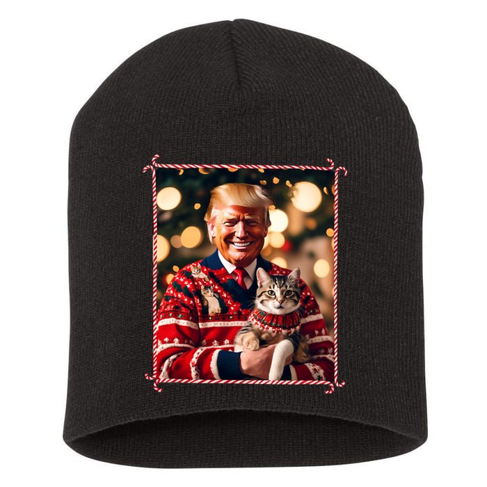 Funny Trump Christmas Sweater For Cat Lovers Short Acrylic Beanie