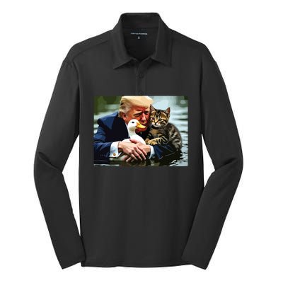 Funny Trump Cat And Duck Memes Christmas Halloween Vote Sign Silk Touch Performance Long Sleeve Polo