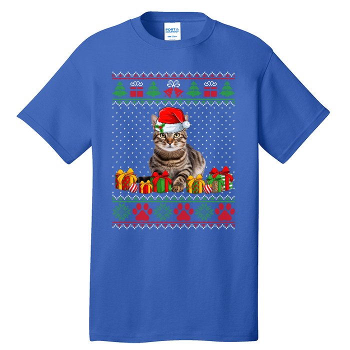 Funny Tabby Cat Santa Hat Ugly Christmas Xmas Pjs Gift Tall T-Shirt