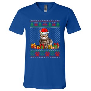 Funny Tabby Cat Santa Hat Ugly Christmas Xmas Pjs Gift V-Neck T-Shirt