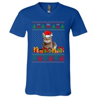 Funny Tabby Cat Santa Hat Ugly Christmas Xmas Pjs Gift V-Neck T-Shirt