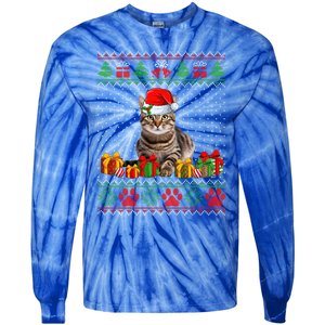 Funny Tabby Cat Santa Hat Ugly Christmas Xmas Pjs Gift Tie-Dye Long Sleeve Shirt