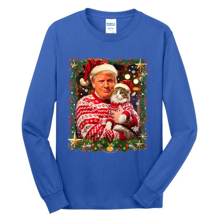 Funny Trump Christmas For Cat Lovers Ugly Xmas Cute Gift Tall Long Sleeve T-Shirt