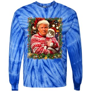 Funny Trump Christmas For Cat Lovers Ugly Xmas Cute Gift Tie-Dye Long Sleeve Shirt