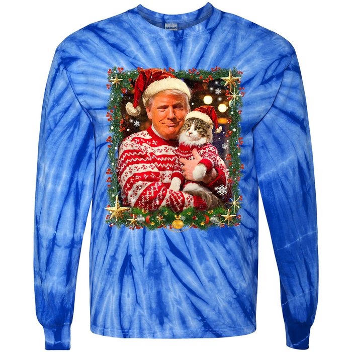 Funny Trump Christmas For Cat Lovers Ugly Xmas Cute Gift Tie-Dye Long Sleeve Shirt