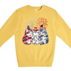 Funny Three Cat 4th Of July American Flag Patriotic Cat Premium Crewneck Sweatshirt