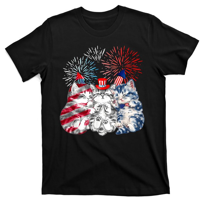 Funny Three Cat 4th Of July American Flag Patriotic Cat T-Shirt