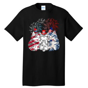 Funny Three Cat 4th Of July American Flag Patriotic Cat Tall T-Shirt