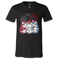 Funny Three Cat 4th Of July American Flag Patriotic Cat V-Neck T-Shirt