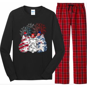 Funny Three Cat 4th Of July American Flag Patriotic Cat Long Sleeve Pajama Set