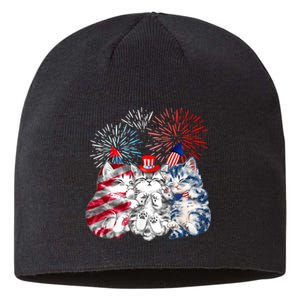 Funny Three Cat 4th Of July American Flag Patriotic Cat Sustainable Beanie