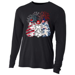 Funny Three Cat 4th Of July American Flag Patriotic Cat Cooling Performance Long Sleeve Crew