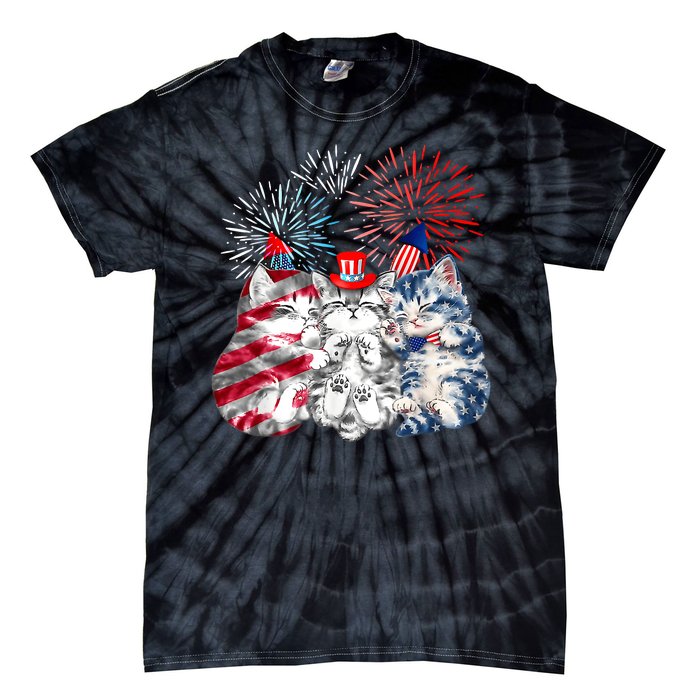 Funny Three Cat 4th Of July American Flag Patriotic Cat Tie-Dye T-Shirt