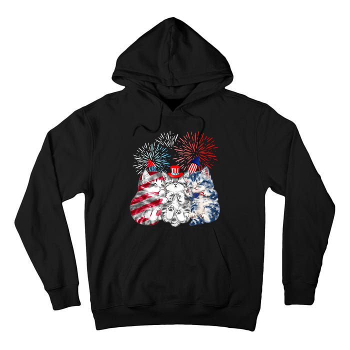 Funny Three Cat 4th Of July American Flag Patriotic Cat Tall Hoodie