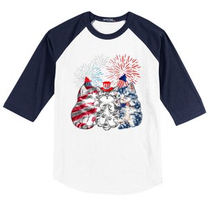 Funny Three Cat 4th Of July American Flag Patriotic Cat Baseball Sleeve Shirt