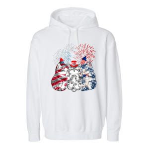 Funny Three Cat 4th Of July American Flag Patriotic Cat Garment-Dyed Fleece Hoodie