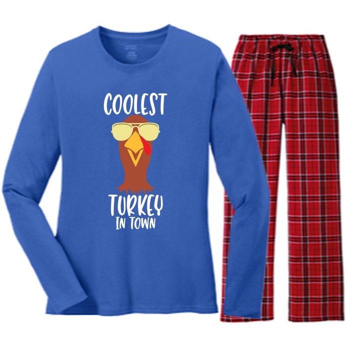 Funny Thanksgiving Christmas Coolest Turkey In Town Great Gift Women's Long Sleeve Flannel Pajama Set 